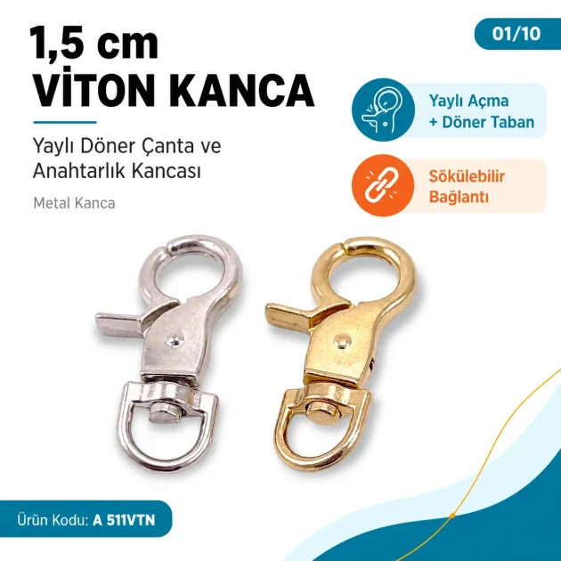 1,5 cm Viton Kanca Yaylı Döner Çanta ve Anahtarlık Kancası A 511VTN, zamak metalden üretilmiş, 35 mm uzunluk, 19 mm