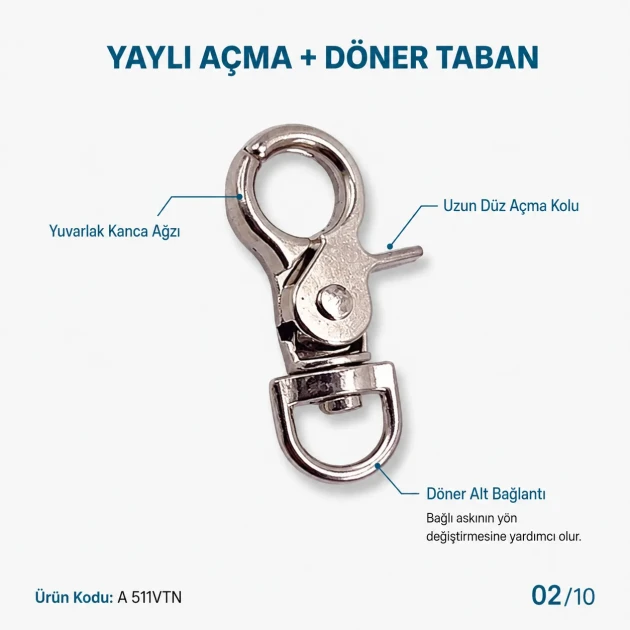 1,5 cm Viton Kanca Yaylı Döner Çanta ve Anahtarlık Kancası A 511VTN, zamak metalden üretilmiş, 35 mm uzunluk, 19 mm