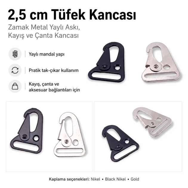 Tüfek Kancası 2,5 cm Zamak Metal Yaylı Askı Kayış ve Çanta Kancası A 552, çanta, kayış ve kemer kullanımı için ideal, sağlam