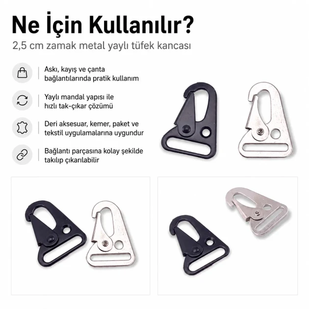 Tüfek Kancası 2,5 cm Zamak Metal Yaylı Askı Kayış ve Çanta Kancası A 552, çanta, kayış ve kemer kullanımı için ideal, sağlam