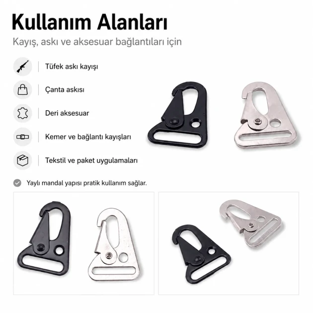 Tüfek Kancası 2,5 cm Zamak Metal Yaylı Askı Kayış ve Çanta Kancası A 552, çanta, kayış ve kemer kullanımı için ideal, sağlam