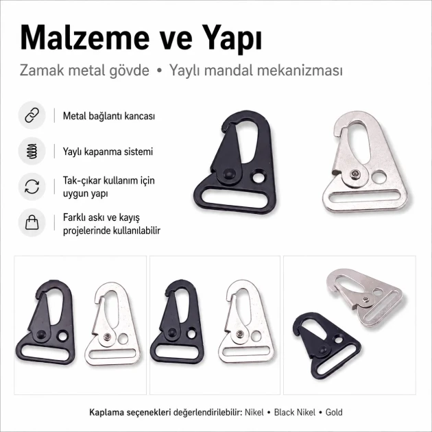Tüfek Kancası 2,5 cm Zamak Metal Yaylı Askı Kayış ve Çanta Kancası A 552, çanta, kayış ve kemer kullanımı için ideal, sağlam