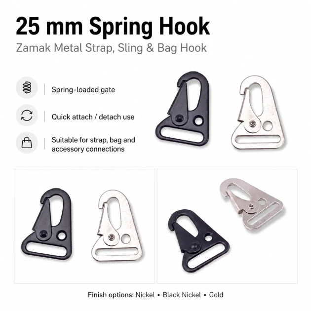 Tüfek Kancası 2,5 cm Zamak Metal Yaylı Askı Kayış ve Çanta Kancası A 552, çanta, kayış ve kemer kullanımı için ideal, sağlam