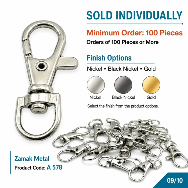 Paris Spring Swivel Hook A 578 with 9.7 mm / 0.382 in strap opening, ideal for keychains, lanyards, and small bag accessories