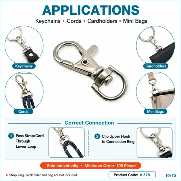 Paris Spring Swivel Hook A 578 with 9.7 mm / 0.382 in strap opening, ideal for keychains, lanyards, and small bag accessories
