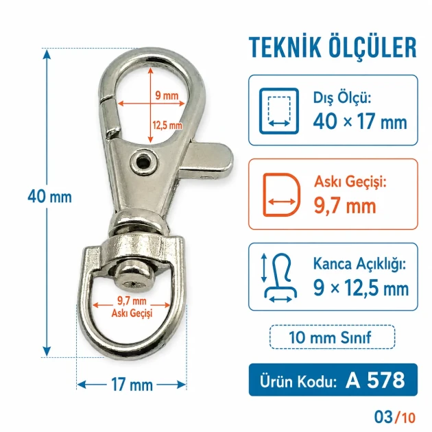 Paris Spring Swivel Hook A 578 with 9.7 mm / 0.382 in strap opening, ideal for keychains, lanyards, and small bag accessories