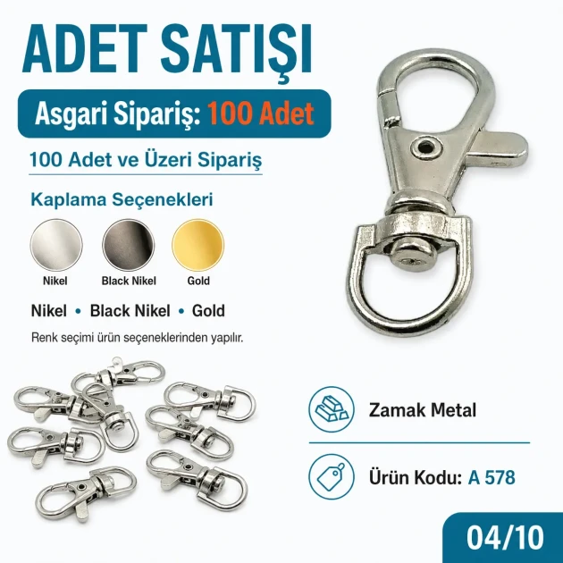 Paris Spring Swivel Hook A 578 with 9.7 mm / 0.382 in strap opening, ideal for keychains, lanyards, and small bag accessories