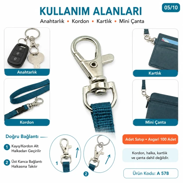 Paris Spring Swivel Hook A 578 with 9.7 mm / 0.382 in strap opening, ideal for keychains, lanyards, and small bag accessories