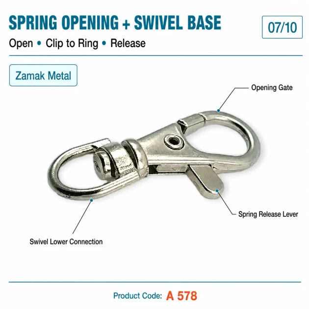 Paris Spring Swivel Hook A 578 with 9.7 mm / 0.382 in strap opening, ideal for keychains, lanyards, and small bag accessories
