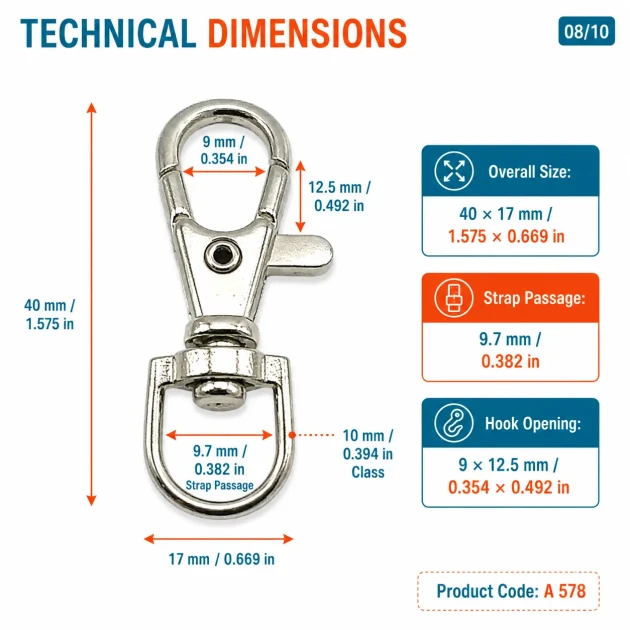 Paris Spring Swivel Hook A 578 with 9.7 mm / 0.382 in strap opening, ideal for keychains, lanyards, and small bag accessories