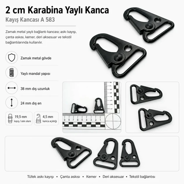 Tüfek Kancası 2 cm Zamak Metal Yaylı Askı Kayış ve Çanta Kancası A 583, çanta ve kayışlar için sağlam metal kanca