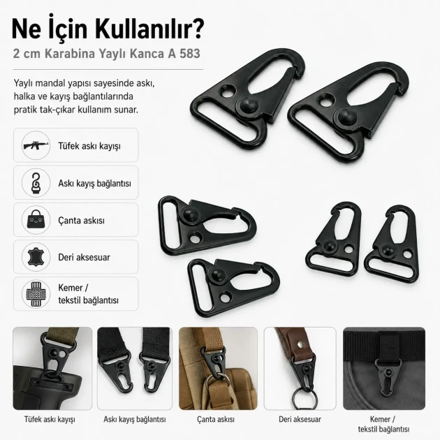 Tüfek Kancası 2 cm Zamak Metal Yaylı Askı Kayış ve Çanta Kancası A 583, çanta ve kayışlar için sağlam metal kanca