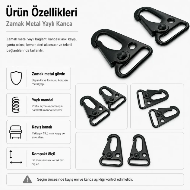 Tüfek Kancası 2 cm Zamak Metal Yaylı Askı Kayış ve Çanta Kancası A 583, çanta ve kayışlar için sağlam metal kanca