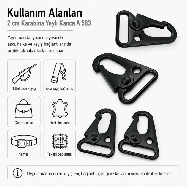 Tüfek Kancası 2 cm Zamak Metal Yaylı Askı Kayış ve Çanta Kancası A 583, çanta ve kayışlar için sağlam metal kanca