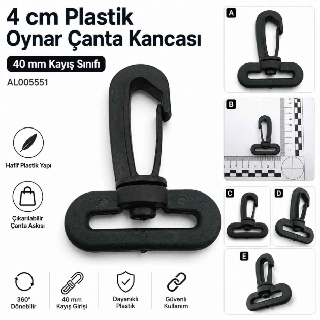 4 cm Plastik Oynar Çanta Kancası, yüksek kaliteli plastik malzemeden üretilmiş, dayanıklı ve estetik yapısıyla çanta