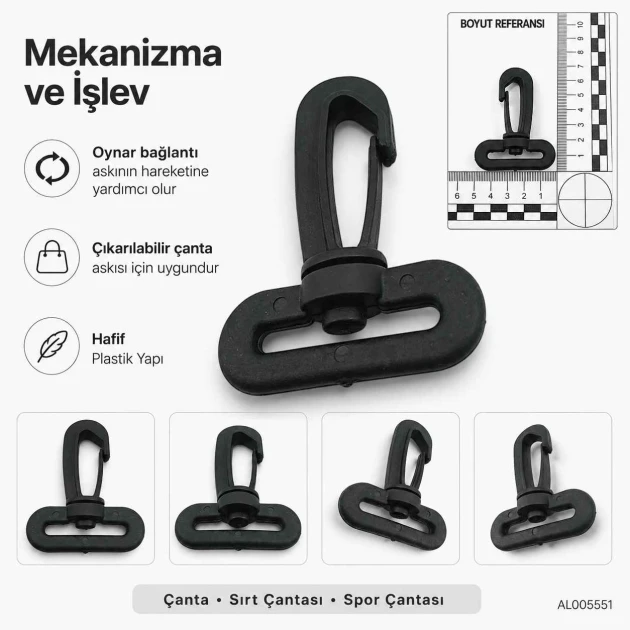 4 cm Plastik Oynar Çanta Kancası, yüksek kaliteli plastik malzemeden üretilmiş, dayanıklı ve estetik yapısıyla çanta