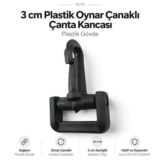3 cm Plastik Oynar Çanaklı Çanta Kancası - 30 mm Kayış Uyumlu, çanta ve tekstil askılarında döner bağlantı sağlayan plastik