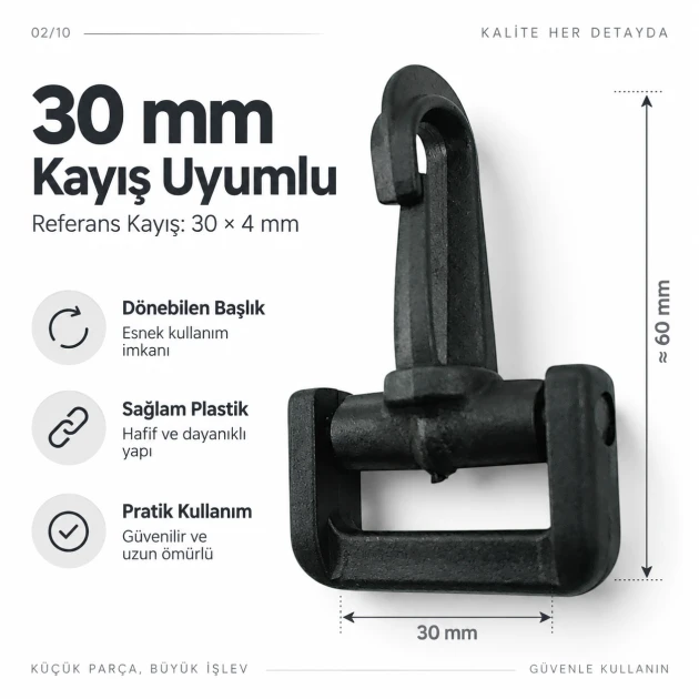 3 cm Plastik Oynar Çanaklı Çanta Kancası - 30 mm Kayış Uyumlu, çanta ve tekstil askılarında döner bağlantı sağlayan plastik