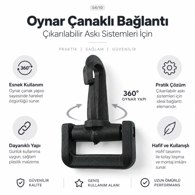 3 cm Plastik Oynar Çanaklı Çanta Kancası - 30 mm Kayış Uyumlu, çanta ve tekstil askılarında döner bağlantı sağlayan plastik