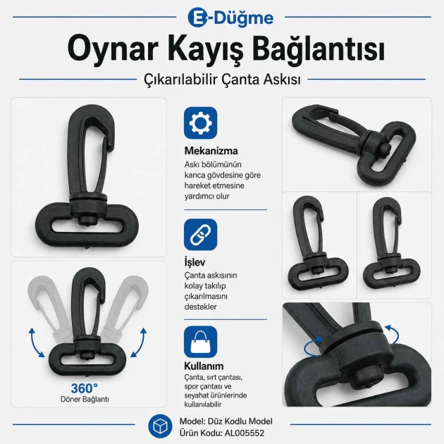 3 cm Plastik Oynar Çanta Kancası AL005552, dayanıklı zamak metal malzemeden üretilmiştir, çanta askıları ve aksesuarlar için