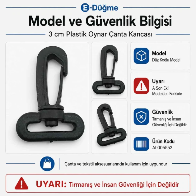 3 cm Plastik Oynar Çanta Kancası AL005552, dayanıklı zamak metal malzemeden üretilmiştir, çanta askıları ve aksesuarlar için