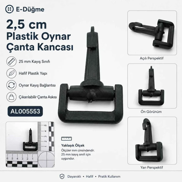 2,5 cm Plastik Oynar Çanta Kancası AL005553, dayanıklı zamak metal malzemeden üretilmiş, estetik görünüm ve pratik kullanım