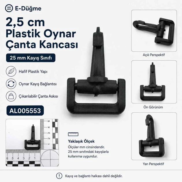 2,5 cm Plastik Oynar Çanta Kancası AL005553, dayanıklı zamak metal malzemeden üretilmiş, estetik görünüm ve pratik kullanım