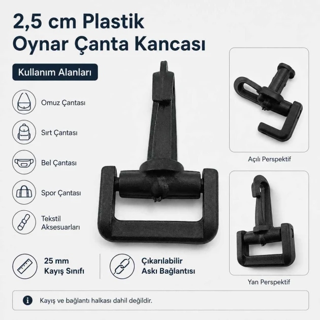 2,5 cm Plastik Oynar Çanta Kancası AL005553, dayanıklı zamak metal malzemeden üretilmiş, estetik görünüm ve pratik kullanım