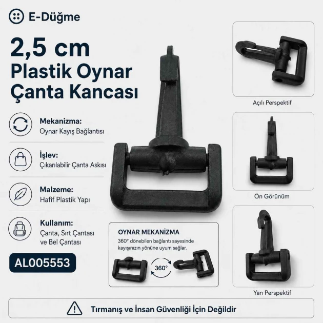 2,5 cm Plastik Oynar Çanta Kancası AL005553, dayanıklı zamak metal malzemeden üretilmiş, estetik görünüm ve pratik kullanım