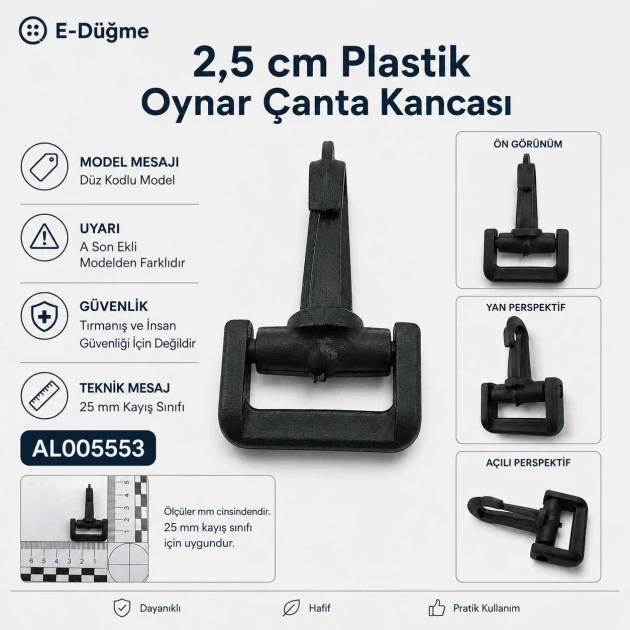 2,5 cm Plastik Oynar Çanta Kancası AL005553, dayanıklı zamak metal malzemeden üretilmiş, estetik görünüm ve pratik kullanım