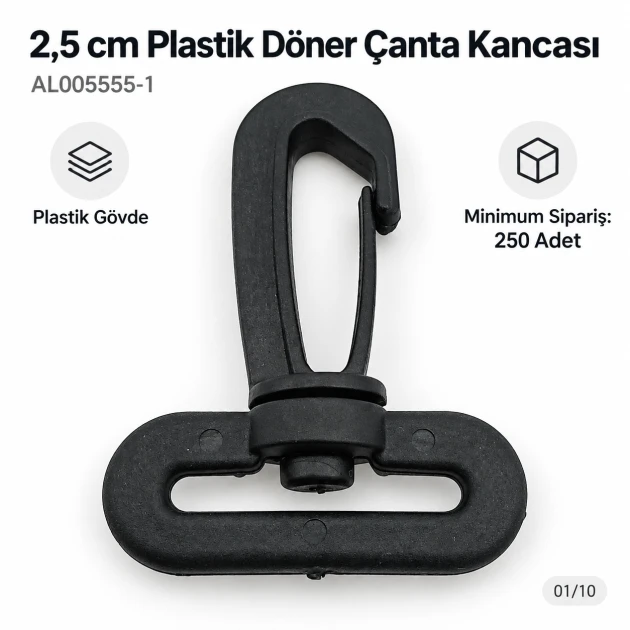 2,5 cm Plastik Döner Çanta Kancası - 25 mm kayış uyumlu, dayanıklı plastik malzeme ile tasarlanmış çanta aksesuarı