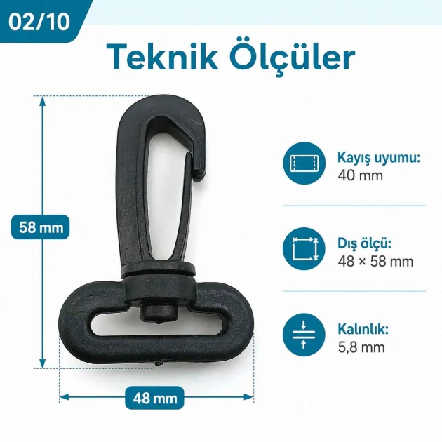 40 mm Plastic Swivel Bag Hook for 40 mm Webbing, durable plastic construction, ideal for secure bag strap connections