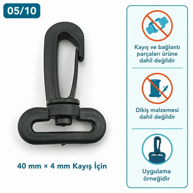 40 mm Plastic Swivel Bag Hook for 40 mm Webbing, durable plastic construction, ideal for secure bag strap connections