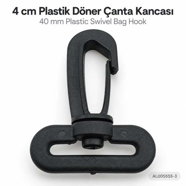 4 cm Plastik Döner Çanta Kancası - 40 mm Kayış Uyumlu, hafif plastik malzeme ile geniş kayışlar için ideal bağlantı çözümü