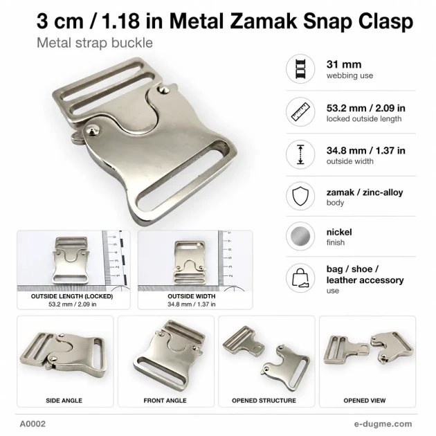 Snap Clasp 3 cm / 1.18 in Metal Zamak Buckle A0002 for bags and accessories