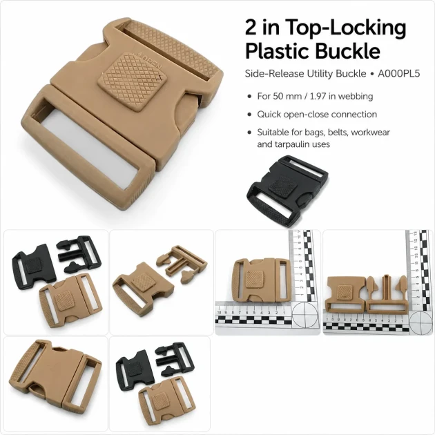 5 cm / 1.97 in Top-Lock Plastic Side-Release Bandolier Buckle made from durable PP material, ideal for bags and workwear