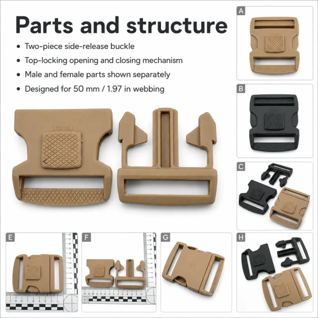 5 cm / 1.97 in Top-Lock Plastic Side-Release Bandolier Buckle made from durable PP material, ideal for bags and workwear