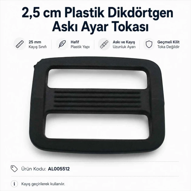 2,5 cm Plastik Dikdörtgen Askı Ayar Tokası, çanta ve kemer aksesuarları için ideal ayar çözümü