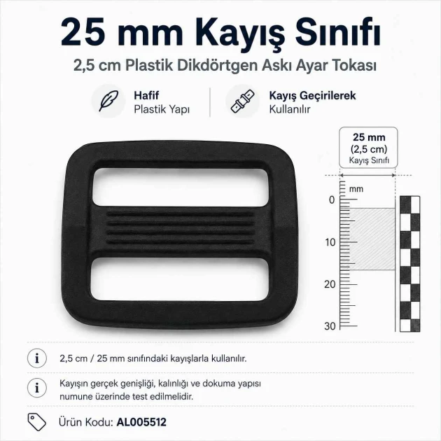 2,5 cm Plastik Dikdörtgen Askı Ayar Tokası, çanta ve kemer aksesuarları için ideal ayar çözümü