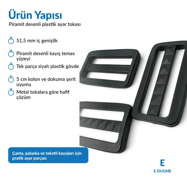 5 cm / 2 in Rectangular Pyramid Pattern Plastic Strap Adjuster Buckle made of zamak for belts, bags, and backpacks