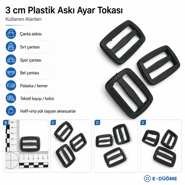 3 cm / 1.18 in Rectangular Plastic Strap Adjuster Buckle for bags and outdoor gear