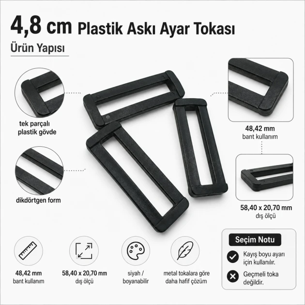 4.8 cm / 1.91 in Rectangular Plastic Strap Adjuster Buckle for bags and outdoor accessories