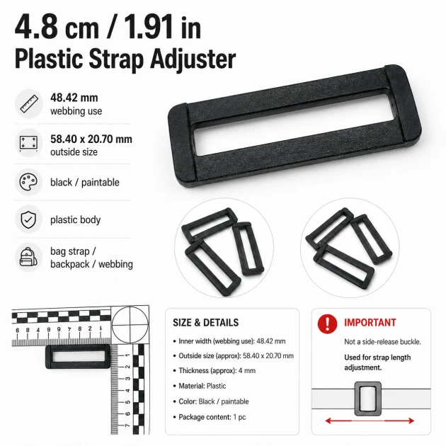 4.8 cm / 1.91 in Rectangular Plastic Strap Adjuster Buckle for bags and outdoor accessories