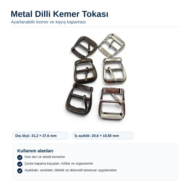 Metal Dilli Kemer Tokası - İnce Kemer, Çanta ve Ayakkabı Kayışları İçin T0037, 19mm x 24mm, metal malzeme
