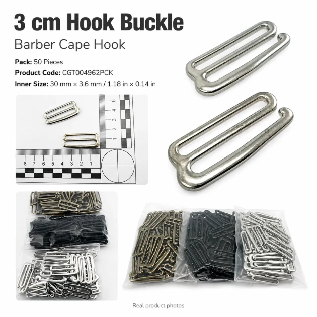 3 cm hook buckle for barber cape, 50 pieces pack, zamak metal construction, strong holding capacity for hairdressing use