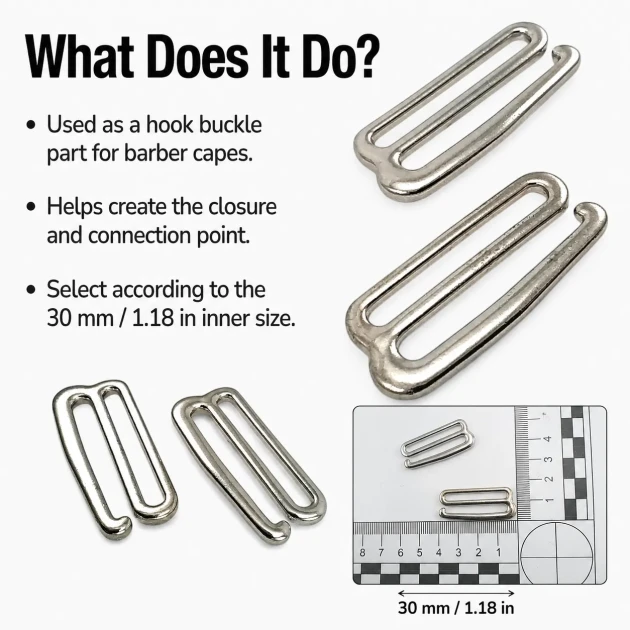 3 cm hook buckle for barber cape, 50 pieces pack, zamak metal construction, strong holding capacity for hairdressing use