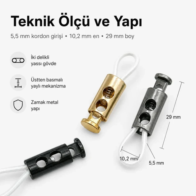 5,5 mm iki delikli üstten basmalı yassı zamak metal stoper E 214, dayanıklı ve estetik bağlantı elemanı
