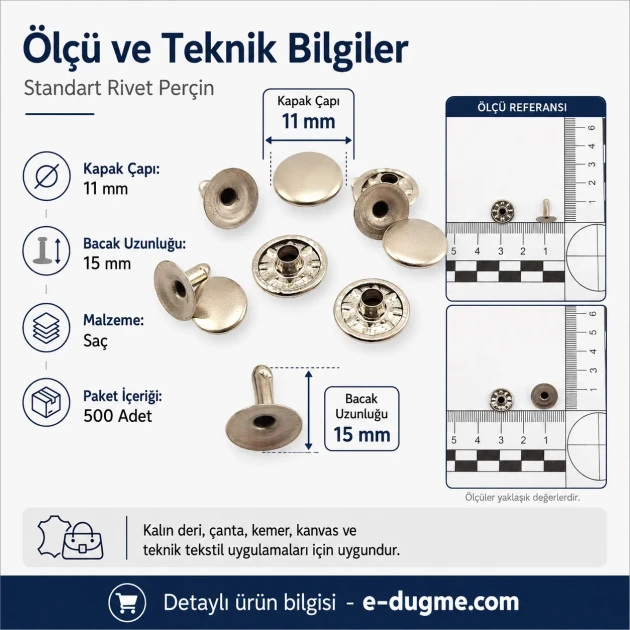 Standard Rivet 11 mm (0.43") Cap and 15 mm (0.59") Long Post Steel Rivet for heavy-duty applications, 500 pieces package