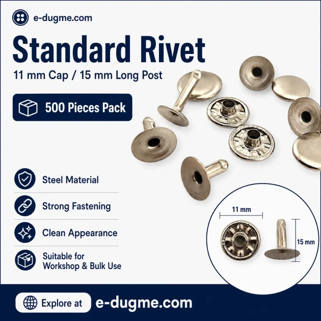 Standard Rivet 11 mm (0.43") Cap and 15 mm (0.59") Long Post Steel Rivet for heavy-duty applications, 500 pieces package