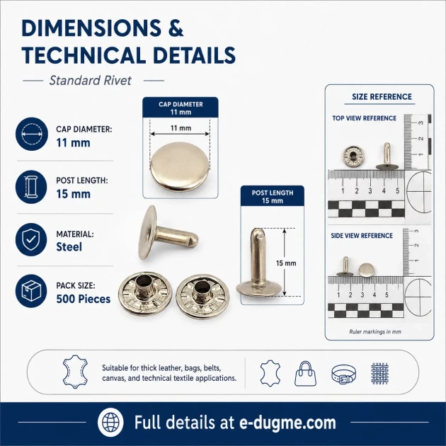 Standard Rivet 11 mm (0.43") Cap and 15 mm (0.59") Long Post Steel Rivet for heavy-duty applications, 500 pieces package
